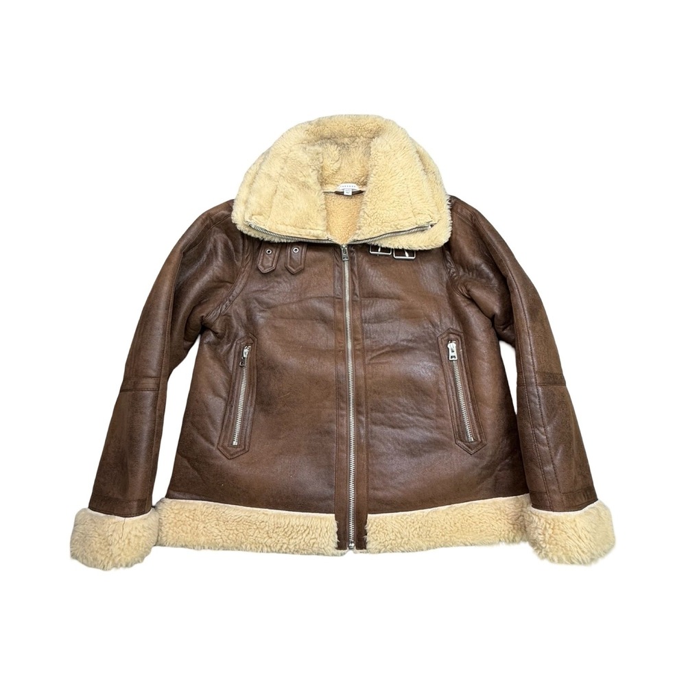 Topshop Aviator Jacket Womens M Brown Faux Leather Shearling Biker Workwear